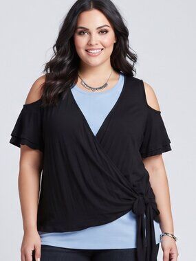 Flirty Chic Noir Black Cold Shoulder Top Tie Front Blouse Size 18